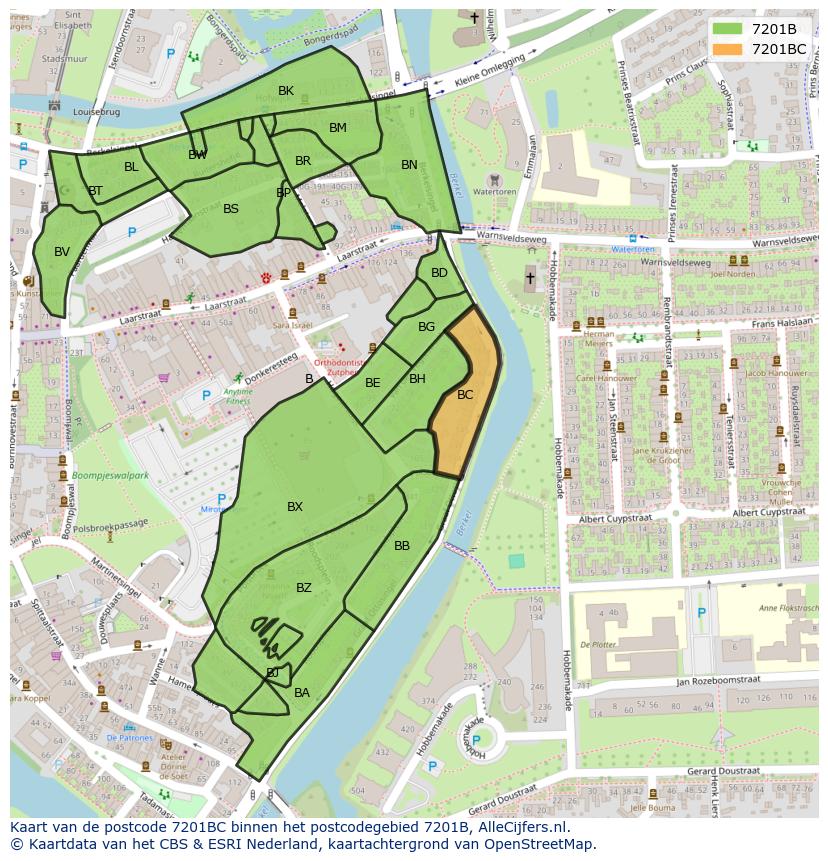 Afbeelding van het postcodegebied 7201 BC op de kaart.