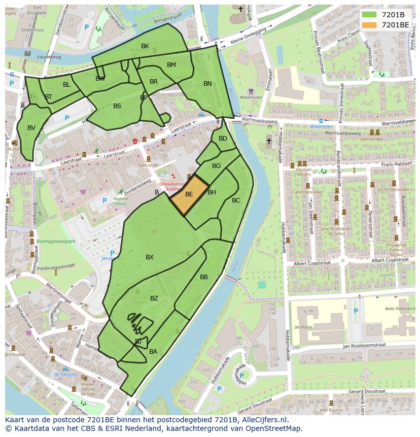 Afbeelding van het postcodegebied 7201 BE op de kaart.