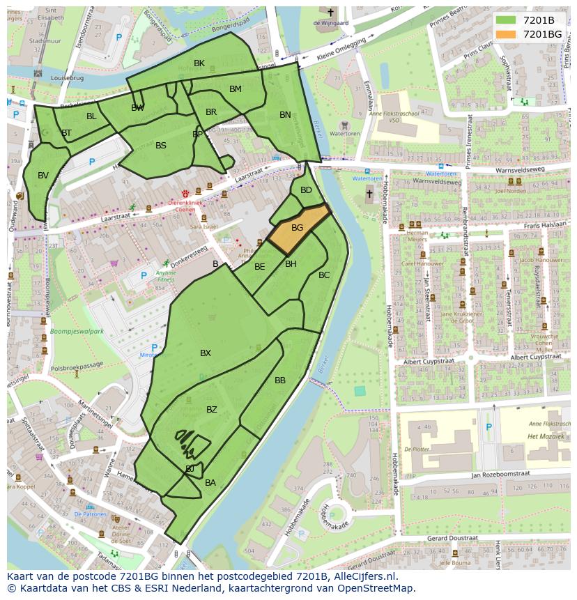 Afbeelding van het postcodegebied 7201 BG op de kaart.