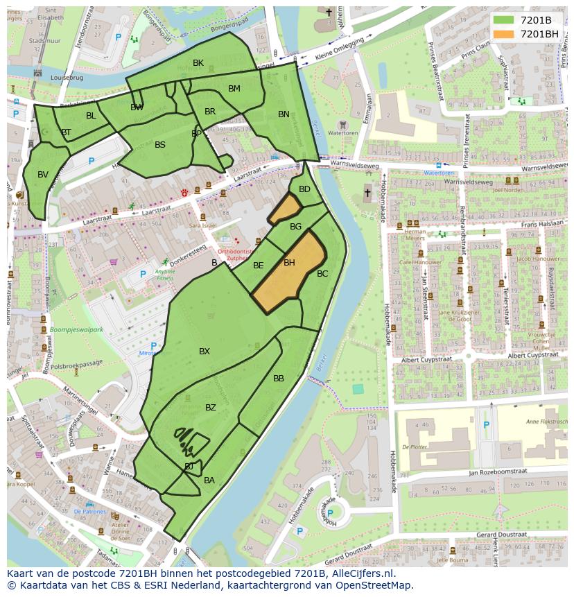 Afbeelding van het postcodegebied 7201 BH op de kaart.