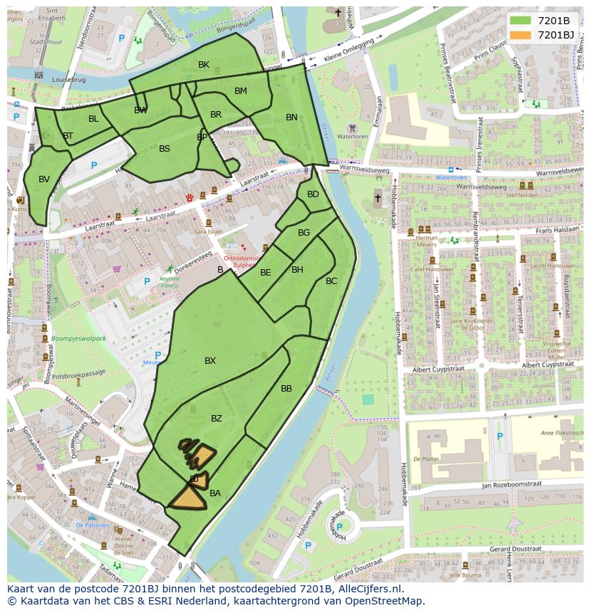 Afbeelding van het postcodegebied 7201 BJ op de kaart.