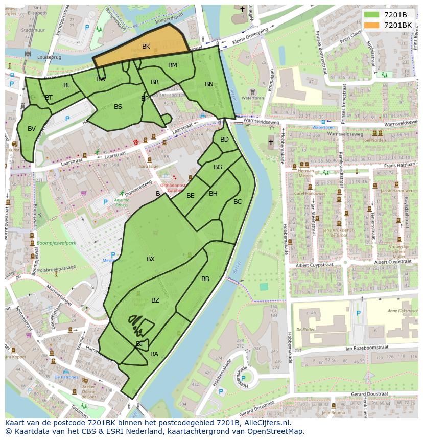 Afbeelding van het postcodegebied 7201 BK op de kaart.