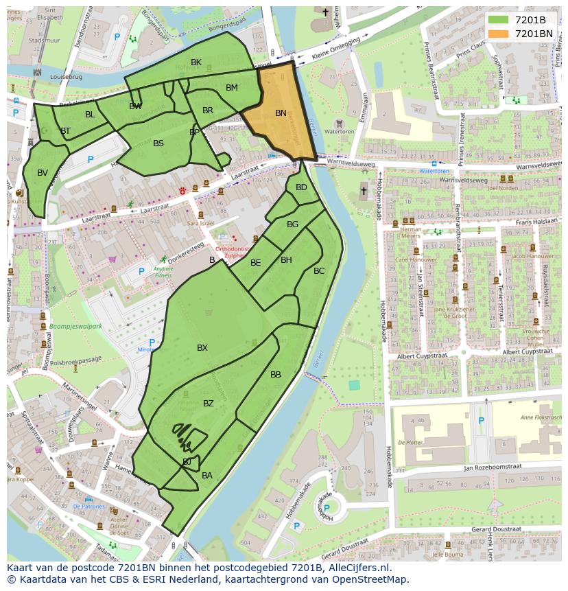 Afbeelding van het postcodegebied 7201 BN op de kaart.