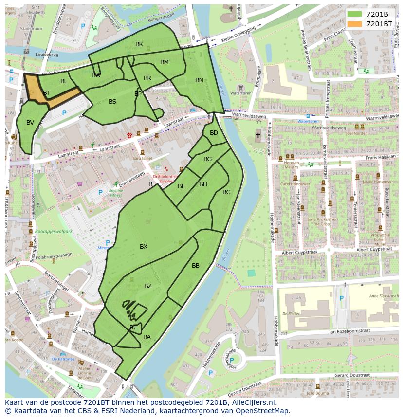 Afbeelding van het postcodegebied 7201 BT op de kaart.