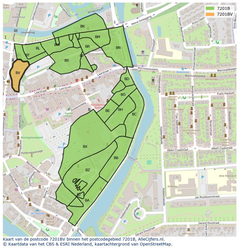 Afbeelding van het postcodegebied 7201 BV op de kaart.