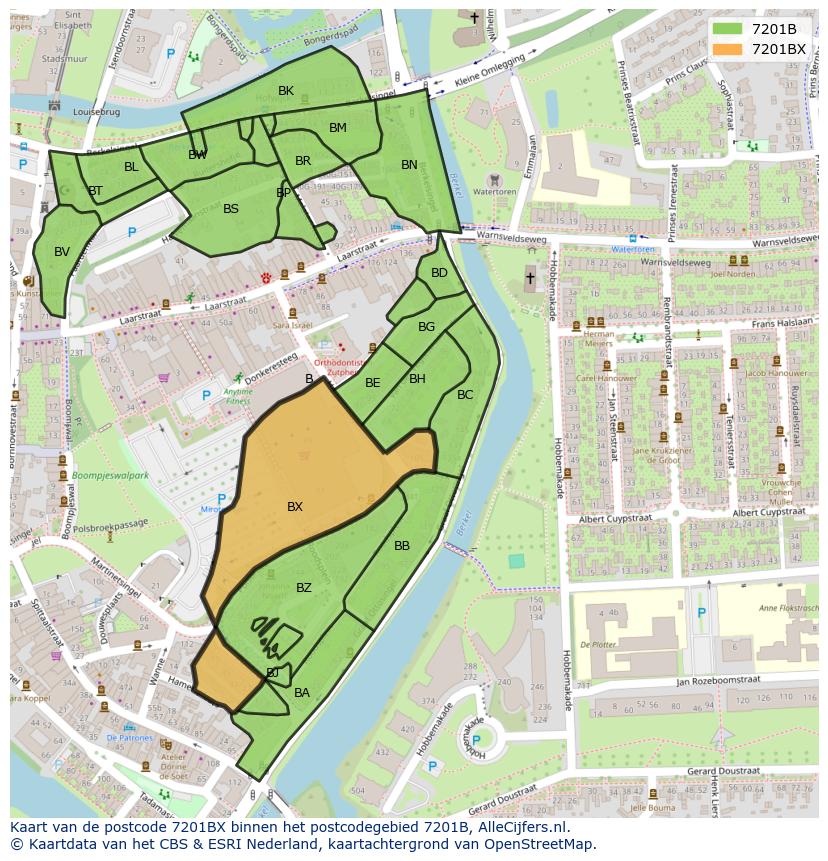Afbeelding van het postcodegebied 7201 BX op de kaart.