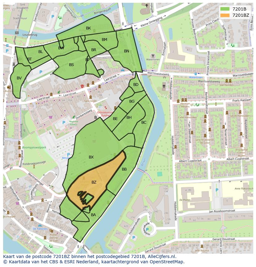 Afbeelding van het postcodegebied 7201 BZ op de kaart.