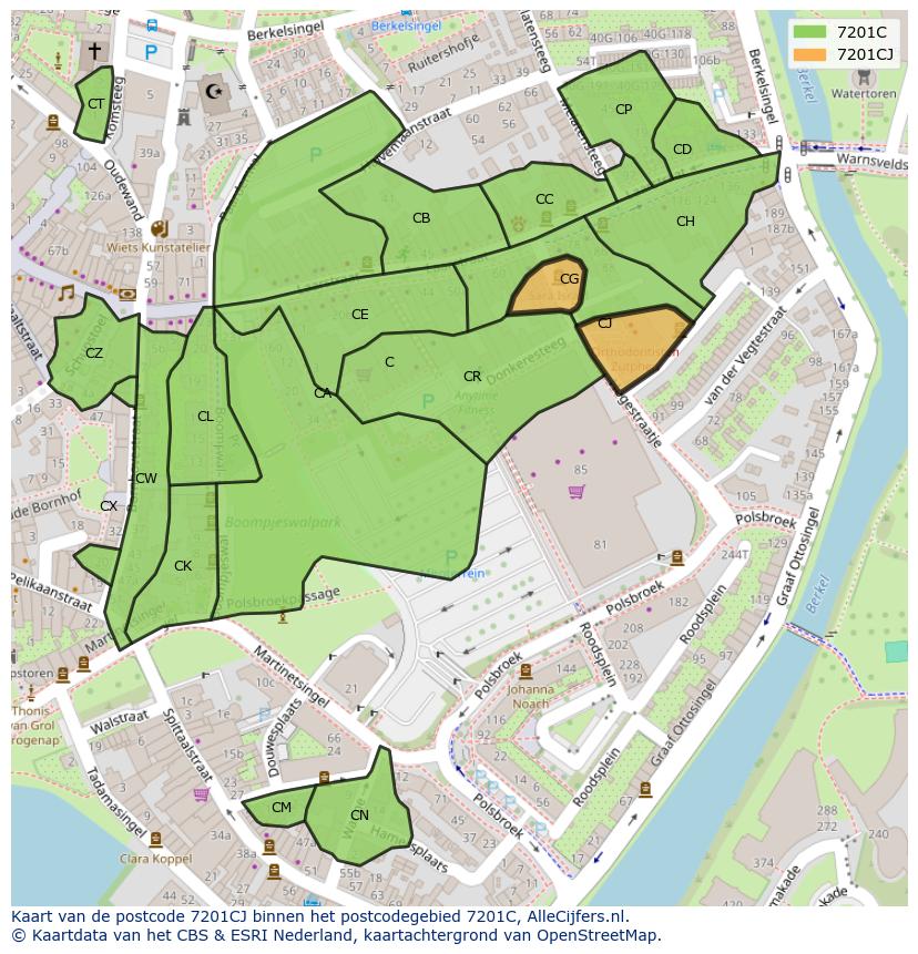 Afbeelding van het postcodegebied 7201 CJ op de kaart.