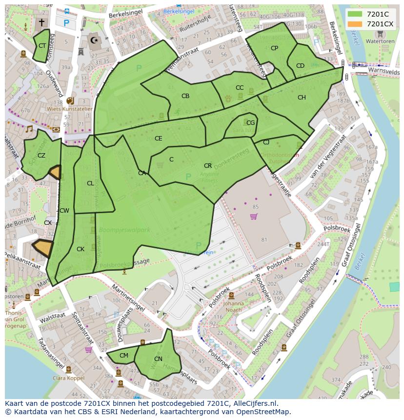Afbeelding van het postcodegebied 7201 CX op de kaart.
