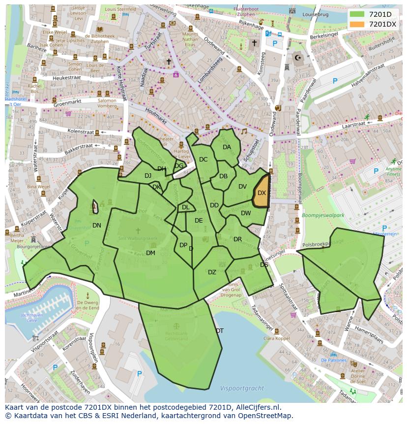 Afbeelding van het postcodegebied 7201 DX op de kaart.