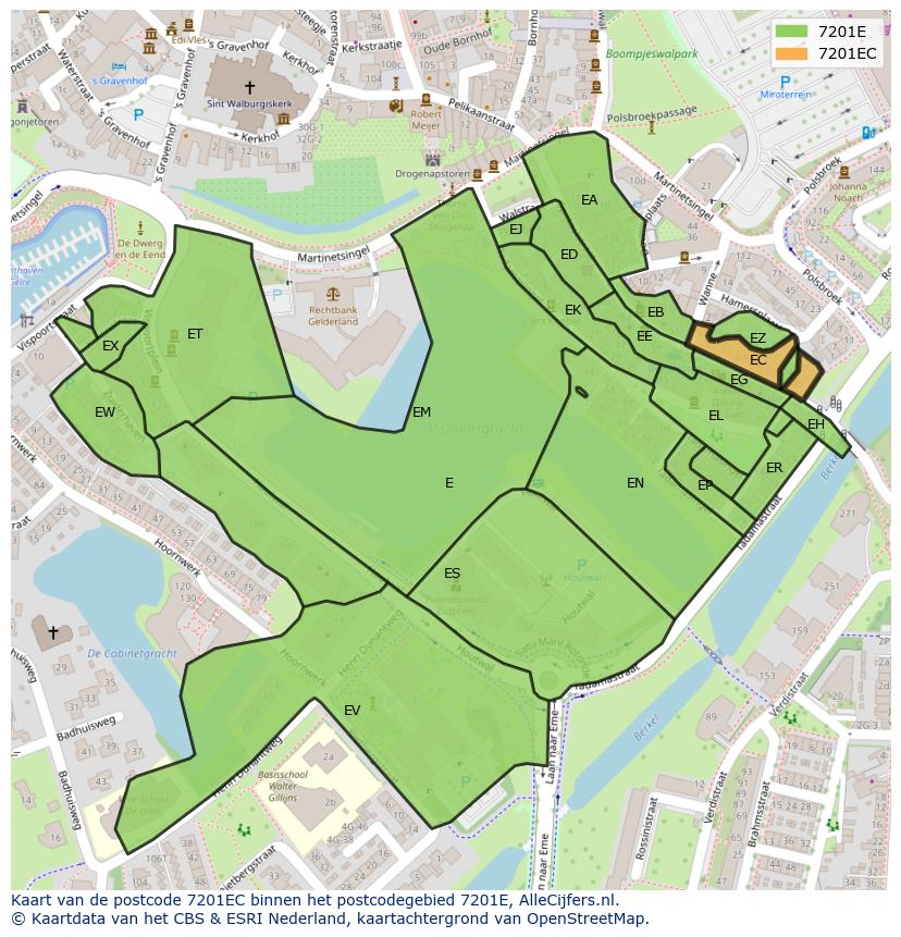 Afbeelding van het postcodegebied 7201 EC op de kaart.