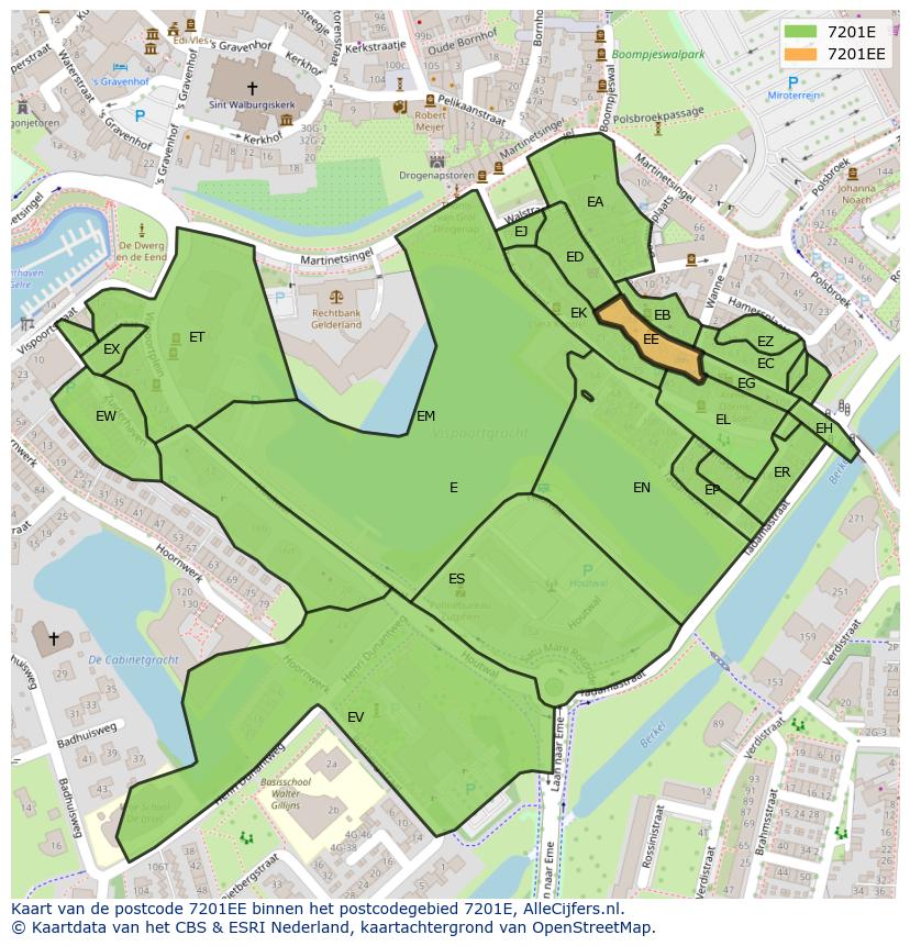 Afbeelding van het postcodegebied 7201 EE op de kaart.