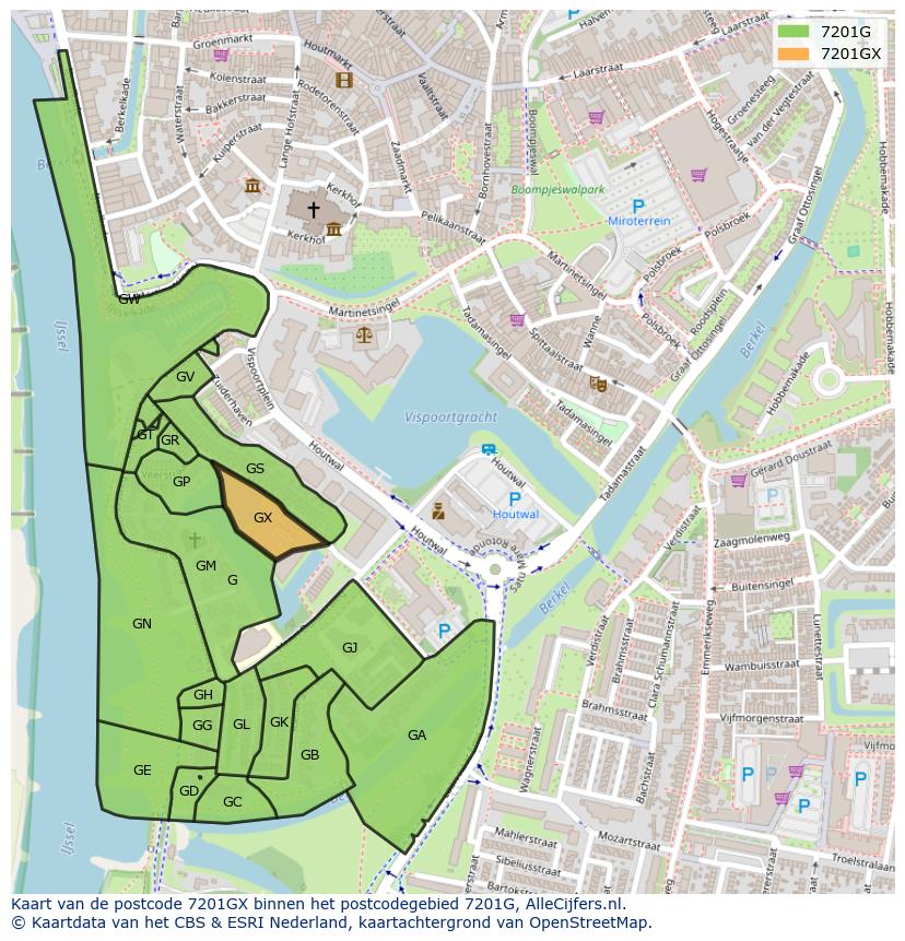 Afbeelding van het postcodegebied 7201 GX op de kaart.