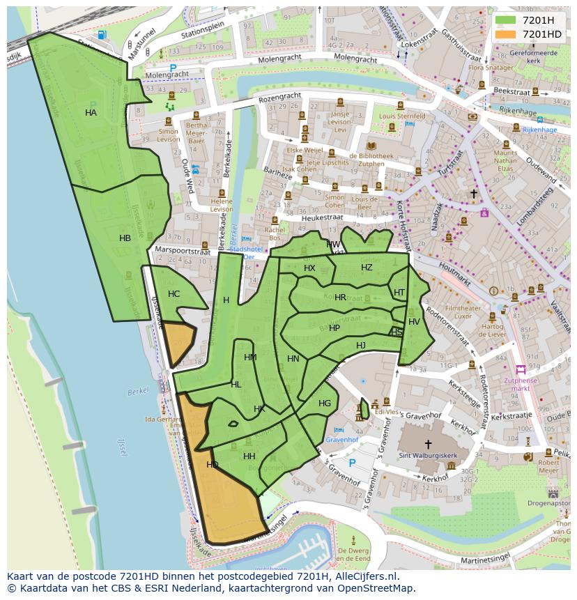 Afbeelding van het postcodegebied 7201 HD op de kaart.