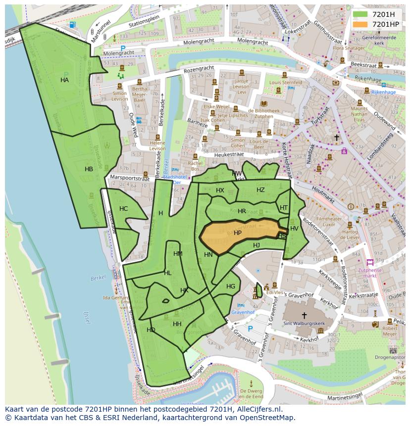 Afbeelding van het postcodegebied 7201 HP op de kaart.