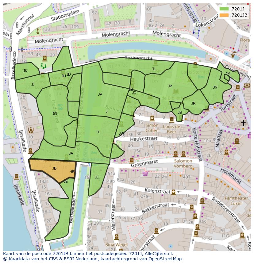 Afbeelding van het postcodegebied 7201 JB op de kaart.