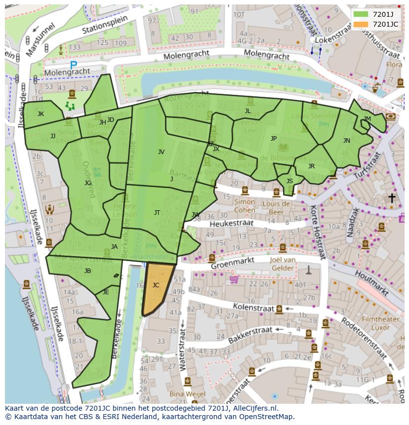 Afbeelding van het postcodegebied 7201 JC op de kaart.