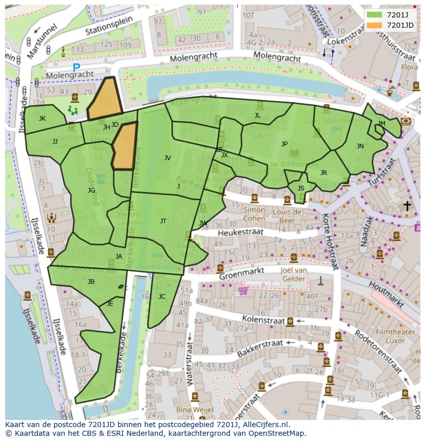 Afbeelding van het postcodegebied 7201 JD op de kaart.