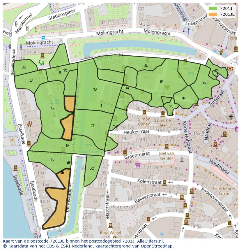 Afbeelding van het postcodegebied 7201 JE op de kaart.