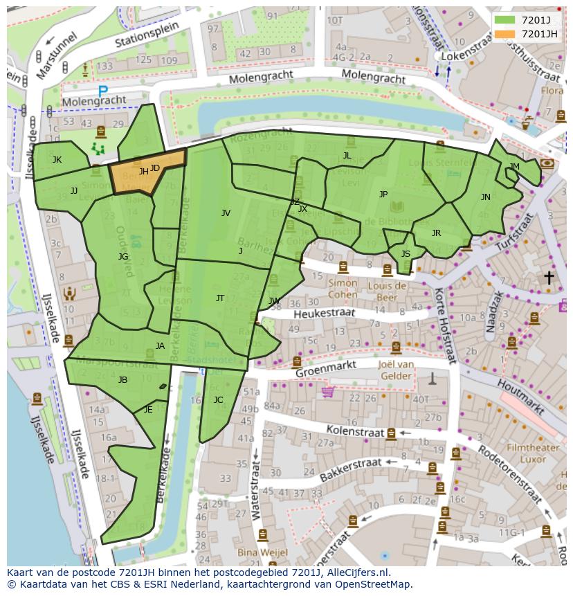 Afbeelding van het postcodegebied 7201 JH op de kaart.