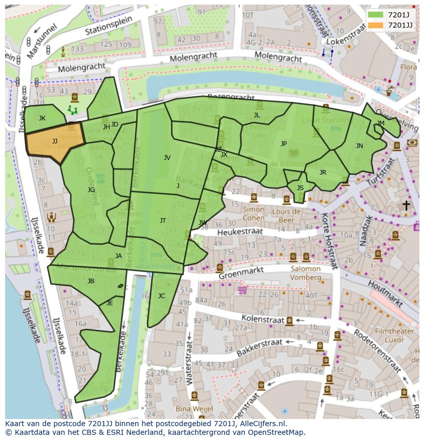 Afbeelding van het postcodegebied 7201 JJ op de kaart.