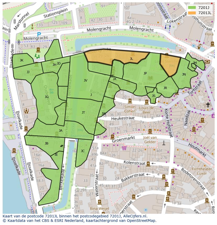 Afbeelding van het postcodegebied 7201 JL op de kaart.