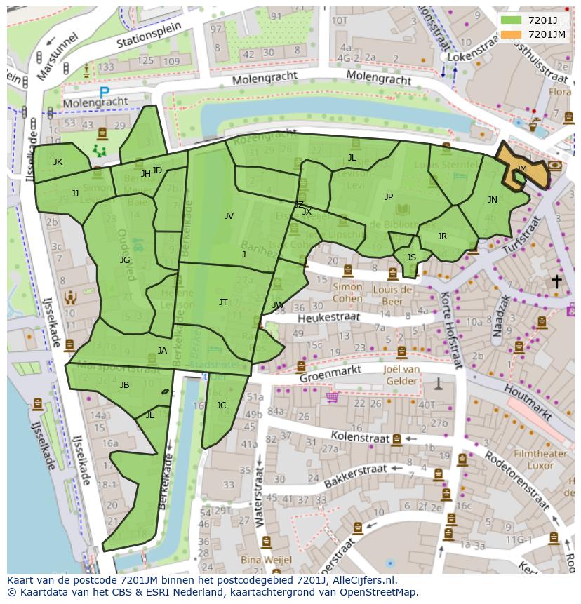 Afbeelding van het postcodegebied 7201 JM op de kaart.