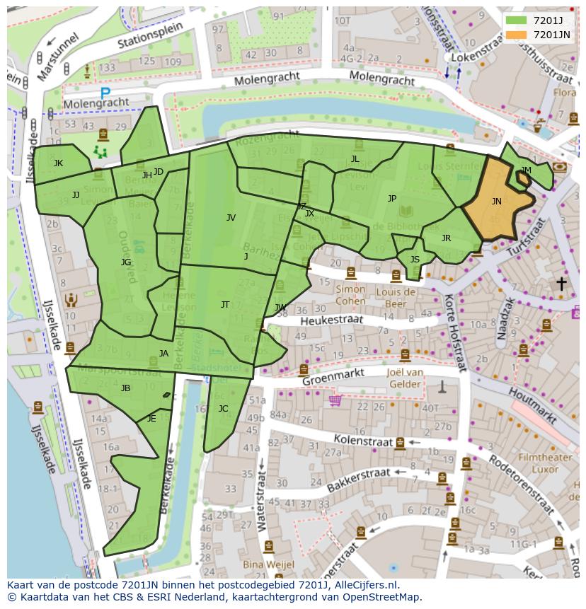 Afbeelding van het postcodegebied 7201 JN op de kaart.