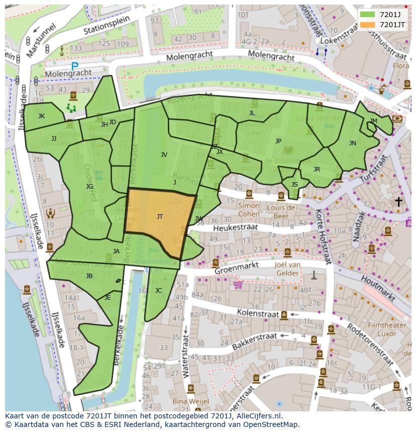 Afbeelding van het postcodegebied 7201 JT op de kaart.