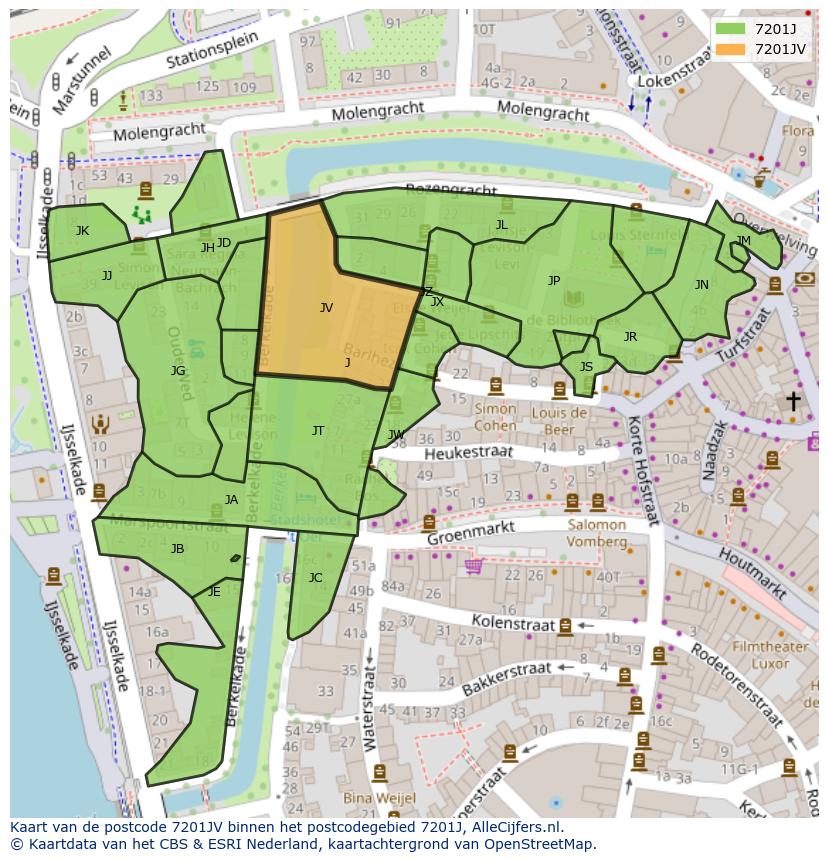 Afbeelding van het postcodegebied 7201 JV op de kaart.