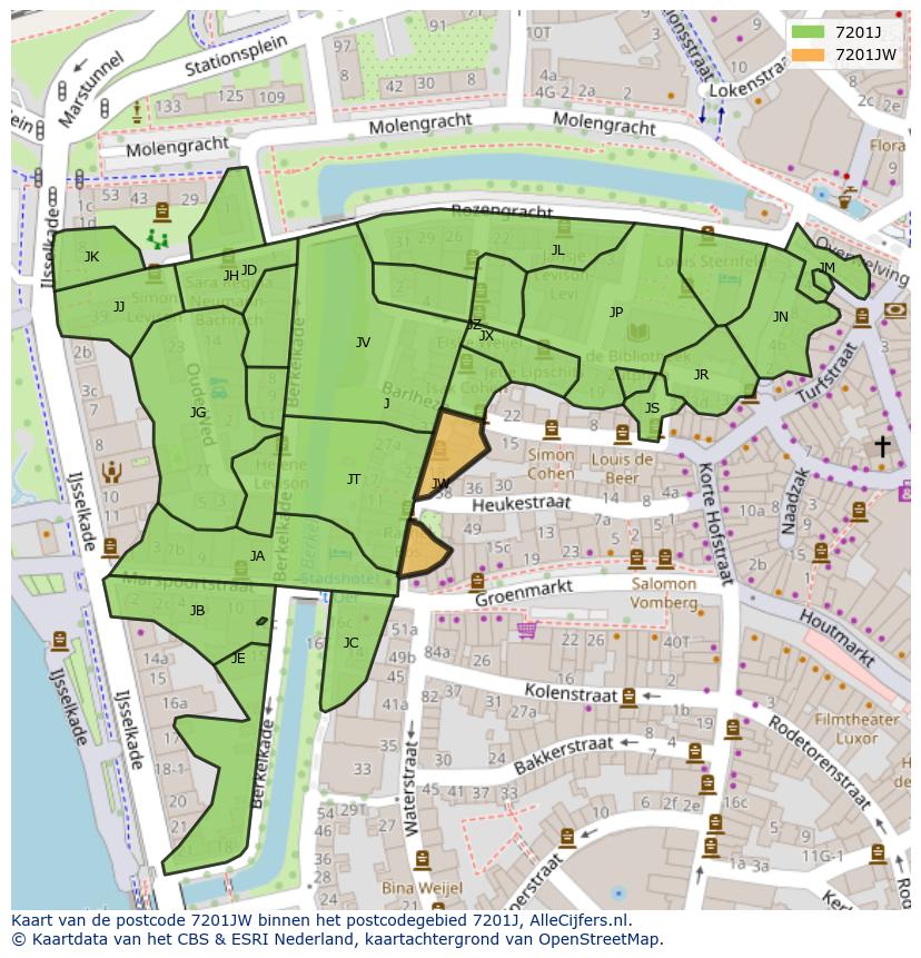 Afbeelding van het postcodegebied 7201 JW op de kaart.