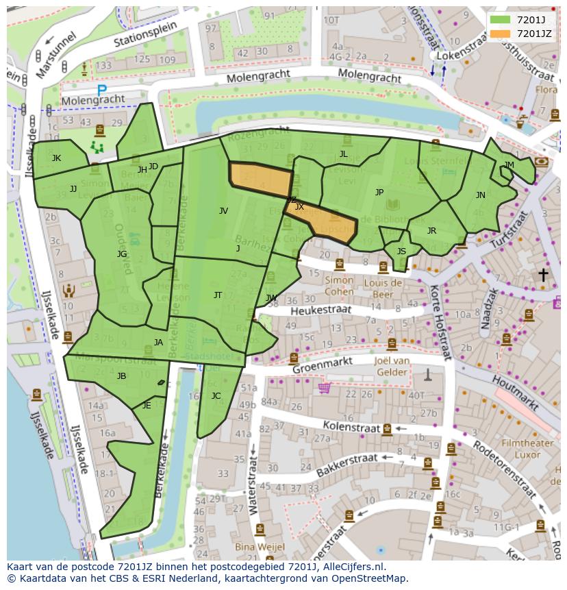 Afbeelding van het postcodegebied 7201 JZ op de kaart.