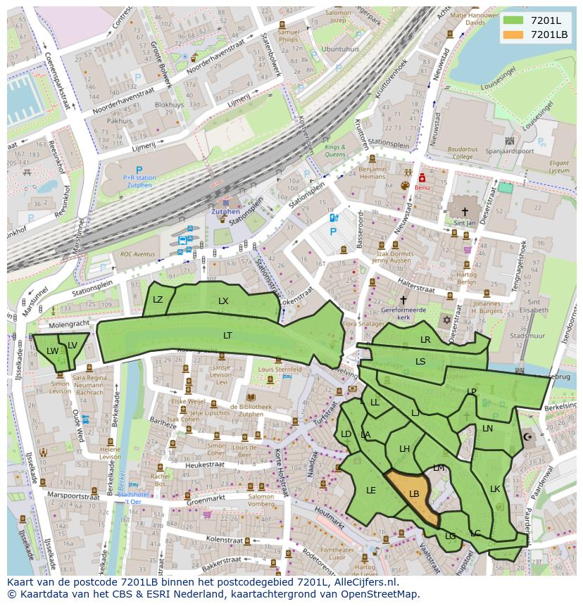 Afbeelding van het postcodegebied 7201 LB op de kaart.