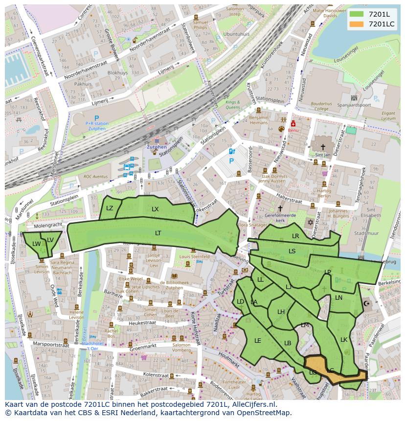 Afbeelding van het postcodegebied 7201 LC op de kaart.