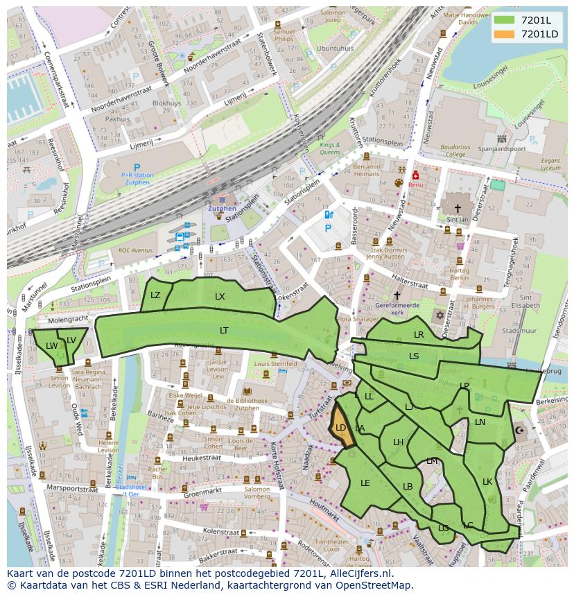 Afbeelding van het postcodegebied 7201 LD op de kaart.