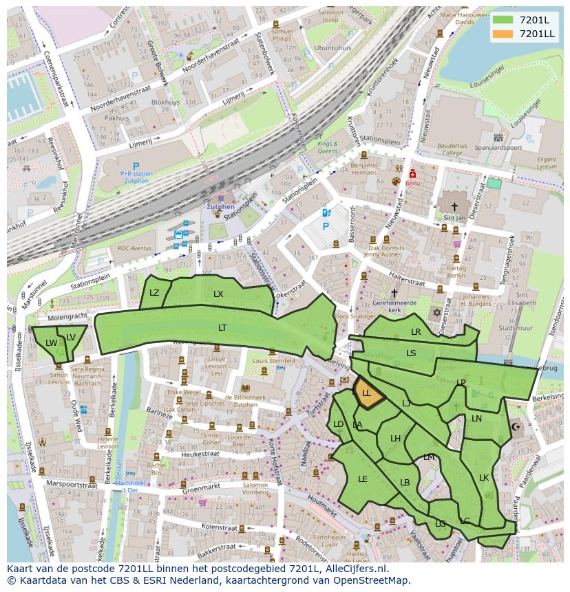 Afbeelding van het postcodegebied 7201 LL op de kaart.