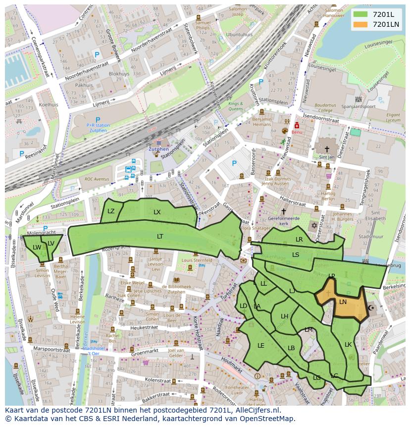 Afbeelding van het postcodegebied 7201 LN op de kaart.