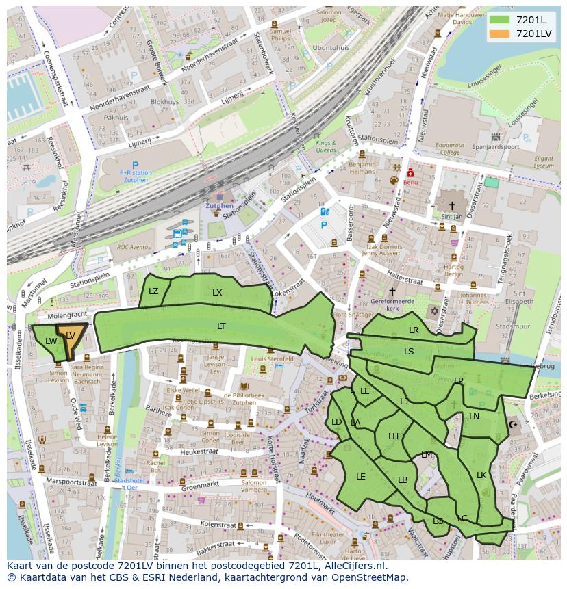 Afbeelding van het postcodegebied 7201 LV op de kaart.