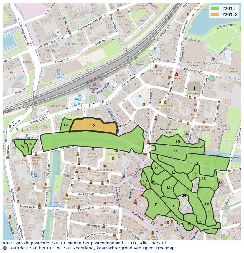 Afbeelding van het postcodegebied 7201 LX op de kaart.