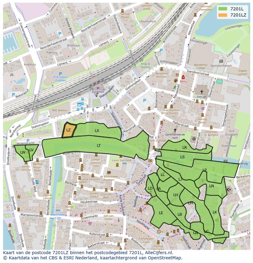 Afbeelding van het postcodegebied 7201 LZ op de kaart.