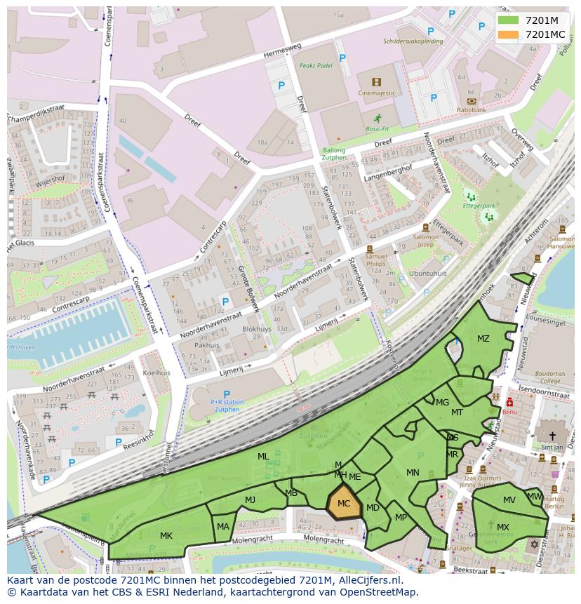 Afbeelding van het postcodegebied 7201 MC op de kaart.