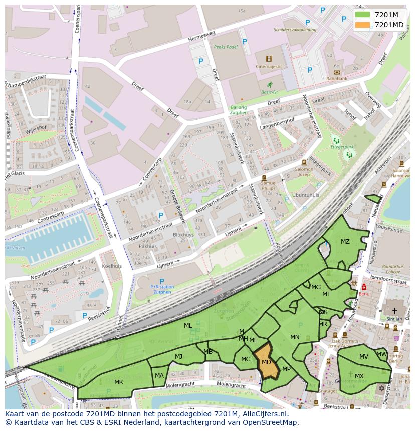 Afbeelding van het postcodegebied 7201 MD op de kaart.