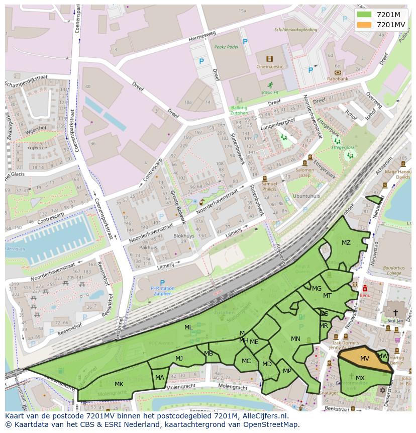 Afbeelding van het postcodegebied 7201 MV op de kaart.