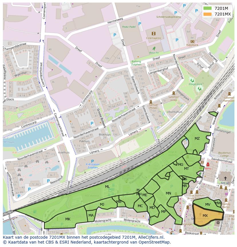 Afbeelding van het postcodegebied 7201 MX op de kaart.