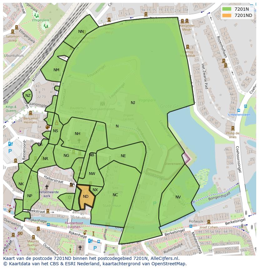 Afbeelding van het postcodegebied 7201 ND op de kaart.