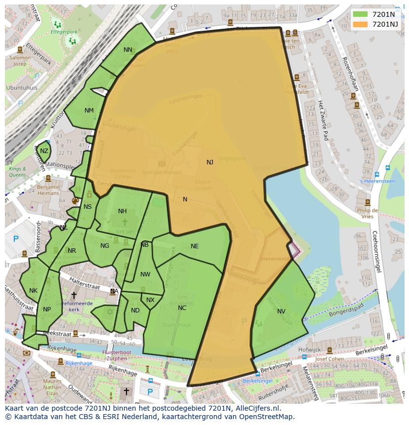Afbeelding van het postcodegebied 7201 NJ op de kaart.