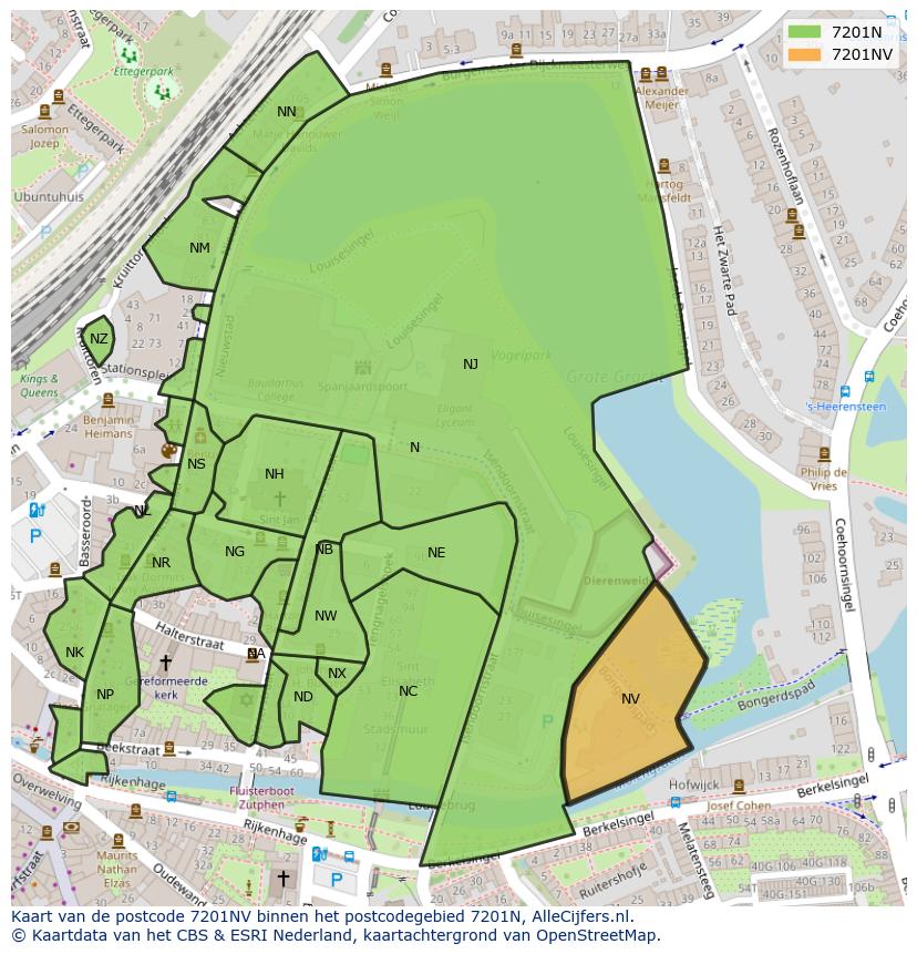 Afbeelding van het postcodegebied 7201 NV op de kaart.