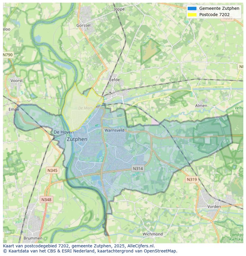 Afbeelding van het postcodegebied 7202 op de kaart.