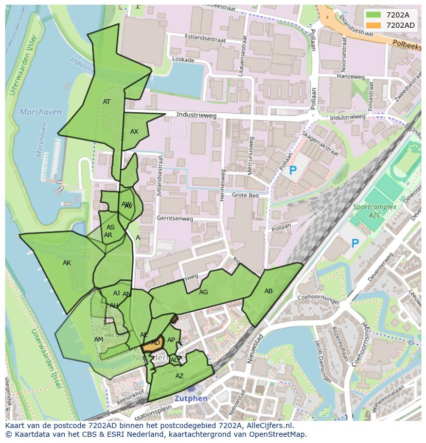 Afbeelding van het postcodegebied 7202 AD op de kaart.