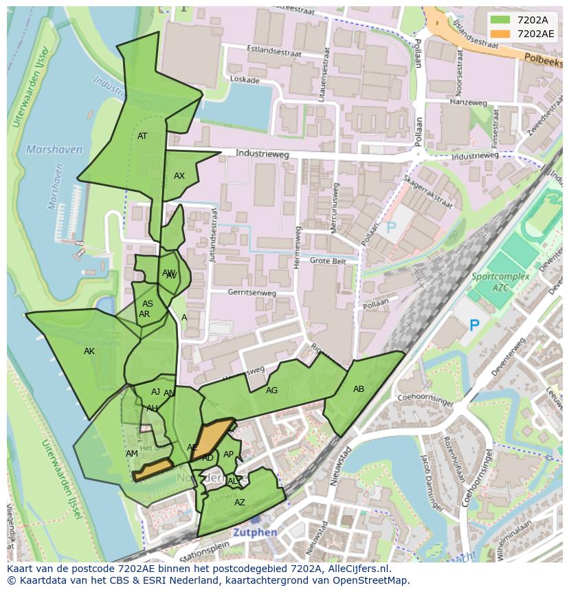 Afbeelding van het postcodegebied 7202 AE op de kaart.